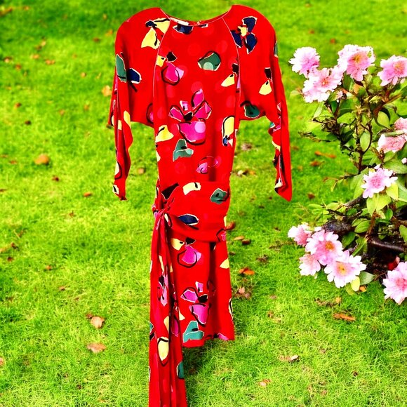 Joan Leslie by Kasper Vintage 70's Red SILK Dress Wrap Sash Hong Kong - Picture 4 of 14